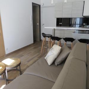カンヌにあるAppartement 2 Pièces Cannes Rue Hocheのリビングルーム(ソファ、椅子付)、キッチンが備わります。