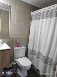 uma casa de banho com um WC e uma cortina de chuveiro em DEPARTAMENTO VILLARRICA 2 em Gorbea