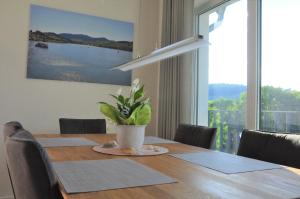 a dining room table with a potted plant on it at Ferienhaus direkt am Diemelsee-Heringhausen-Willingen-Toplage-Sauna-3 Schlafzimmer-2 Terrassen-109 qm-incl Wäsche in Diemelsee