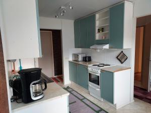 a kitchen with green cabinets and a stove top oven at Kivirannantie 28 in Iisalmi