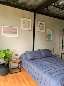 a bedroom with a blue bed and a table at Entre Bambus 1 in Pereira