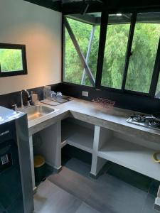 uma cozinha com um lavatório e duas janelas em Entre Bambus 1 em Pereira