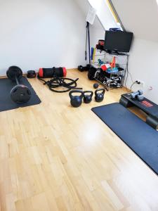 Zimmer mit einem Fitnessraum mit Matten und einem TV in der Unterkunft Wohnung zwischen Nord- und Ostsee mit Fitnessraum in Ostenfeld
