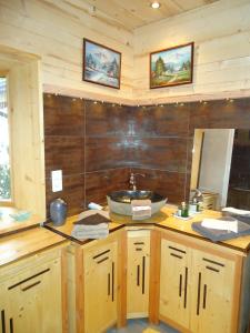 baño con lavabo y pared de madera en L'Eterlou Chambres d'Hote, en Albertville