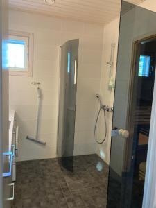 baño con ducha y puerta de cristal en Puikkari Raijan Aitta, en Mikkeli
