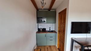 a small kitchen with a stove and a microwave at Jera Pince és Vendégház in Somlóvásárhely