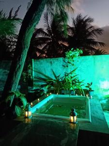 a swimming pool in a backyard at night with lights at Jardim Azul in Pitimbu
