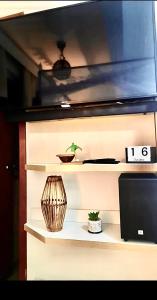 a shelf with a laptop and a plant on it at Flat bela vista master in Macaé
