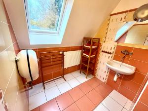 uma pequena casa de banho com um lavatório e uma janela em Penzion Horal em Dolní Morava
