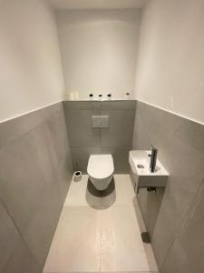 Baño blanco con aseo y lavamanos en Oidahome - Penthouse Apartment - contactless Self-Check-IN, en Viena