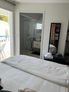 a bedroom with a white bed and a mirror at Ty-paradis in Saint-François