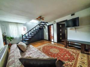 a living room with a couch and a flat screen tv at Casa de langa rau RUCAR in Rucăr