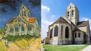 a church with a clock tower and a painting of it at Au Bord de l'Oise in Auvers-sur-Oise