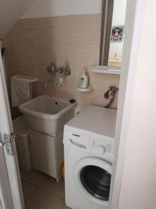 a small bathroom with a washing machine and a sink at Lalù in Chiaramonte Gulfi