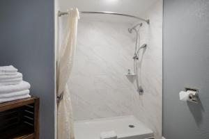 Un baño con ducha con cortina de ducha. en Americas Best Value Inn and Suites Blytheville by Sonesta, en Blytheville 32 fotos más