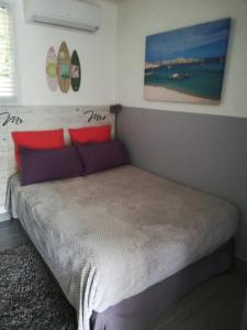 een slaapkamer met een bed met rode en paarse kussens bij studio terremer in Patrimonio