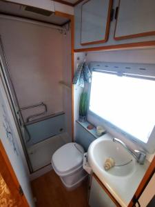 uma pequena casa de banho com WC e lavatório em Rent a BlueClassics 's Campervan AUTOSTAR in Algarve au Portugal em Portimão