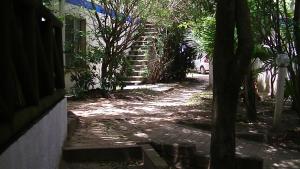 Una pasarela de ladrillo con árboles y una escalera frente a una casa en Cabañas Aguamarina, en Punta del Diablo