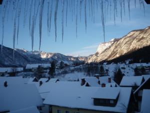 a village covered in snow with mountains in the background at Apartment Cesar in Bohinj