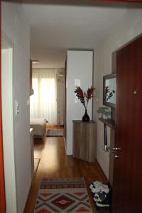 un pasillo con una habitación con un dormitorio y una sala de estar en Downtown Apartment, en Novi Sad