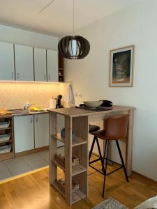 una cocina con una isla de madera en el medio de una habitación en Downtown Apartment, en Novi Sad