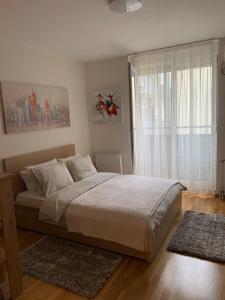 a bedroom with a large bed and a large window at Downtown Apartment in Novi Sad