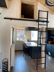 a loft bed in a tiny room with a kitchen at Le chalet du kanal in Winseler