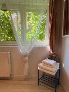 una finestra con un mucchio di asciugamani e un tavolo di fronte ad essa di La Mariana - Old Town Cosy Apartments a Colmar