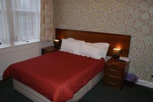 1 dormitorio con 1 cama roja, 2 mesitas de noche y ventana en Kirkdale Hotel en Croydon
