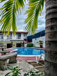 una piscina frente a una casa con una palmera en Hotel Casa Tago, en Alajuela