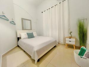 een witte slaapkamer met een bed en een plant bij Oasis Inn in San Juan