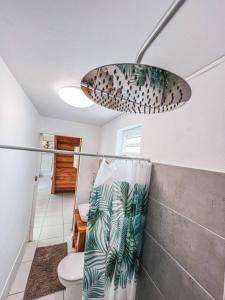 a bathroom with a toilet and a light at Bungalow Bois Détente in Capesterre-Belle-Eau