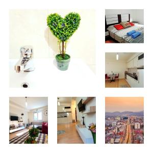een collage van foto's met een hartvormige plant bij Tetovo Apartment Superb Location in Tetovo