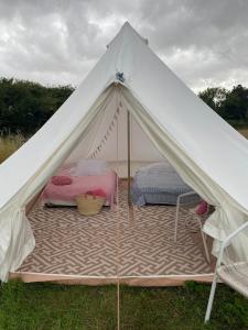 Charlton End Bell Tent في Charlton: خيمة بيضاء مع سرير في حقل