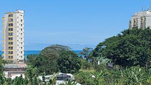 un grand bâtiment blanc à côté des arbres et de l'océan dans l'établissement Hotel Almond Beach, à Tonsupa