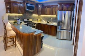 uma cozinha com armários de madeira e um frigorífico de aço inoxidável em VIP Home em Santiago de los Caballeros