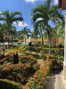 a garden with palm trees and flowers in a park at VIP Home in Santiago de los Caballeros