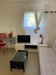 a living room with a bed and a tv and a table at La Colline Business & Tourisme in Le Lamentin