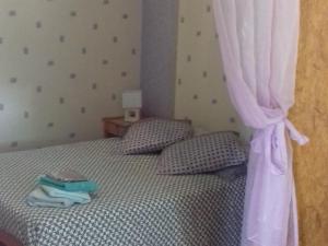 een slaapkamer met een bed met een roze gordijn bij Gîte Saint-Léonard-des-Bois, 5 pièces, 7 personnes - FR-1-410-179 in Saint-Léonard-des-Bois
