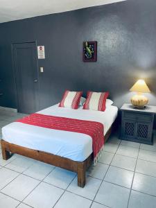 a hotel room with a bed, table and a lamp at Caribo Cozumel in Cozumel