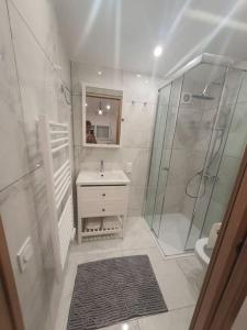 biała łazienka z prysznicem i umywalką w obiekcie Studio agréable w mieście Manosque