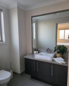 W łazience znajduje się umywalka, toaleta i lustro. w obiekcie Luxury Green w mieście Greenvale