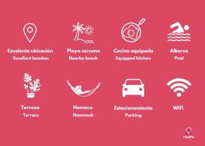 a set of white icons on a red background at Relaxing Village, Acapulco Diamante, Rooftop in Acapulco +11 photos