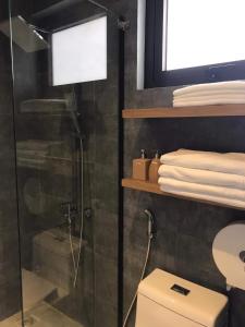 uma casa de banho com um chuveiro e um WC. em Chill Villa - Venuestay em Ba Vì