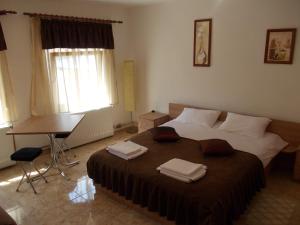 1 dormitorio con cama, mesa y escritorio en Clisura Dunarii - Danubian Border, en Berzasca