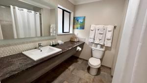 a bathroom with a sink and a toilet and a mirror at Yosemite View Lodge in El Portal