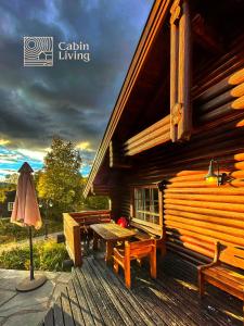 uma cabina de madeira com uma mesa de piquenique e um guarda-chuva em Cozy cottage in central Beitostølen with Sauna em Beitostøl