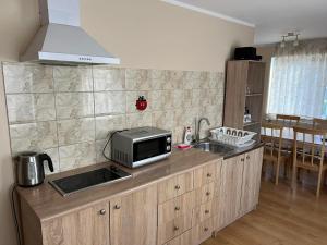 a kitchen with a sink and a microwave on a counter at Atpūtas māja Sigulda in Sigulda