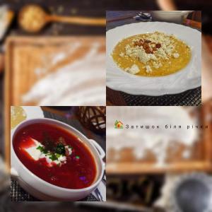 a collage of four pictures of different types of food at Zatishok Bilya Richky in Pilipets