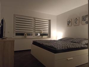 a bedroom with a bed and a window at Gästewohnung 5 in Oschersleben